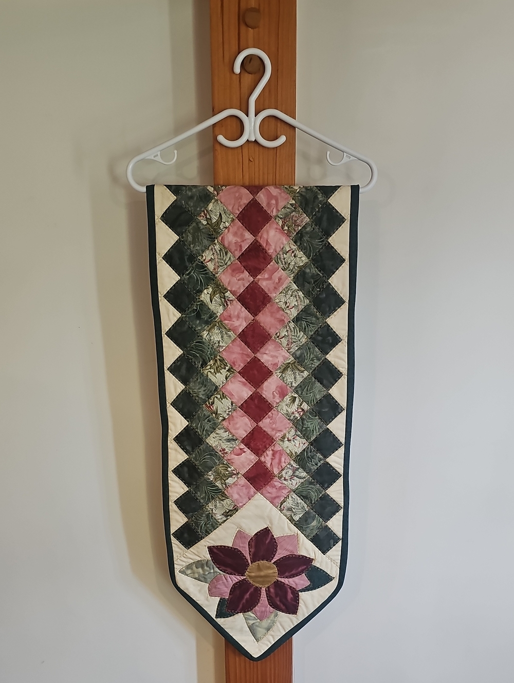 Handmade Quilted Table Runner with Pink and Green Diamond Pattern